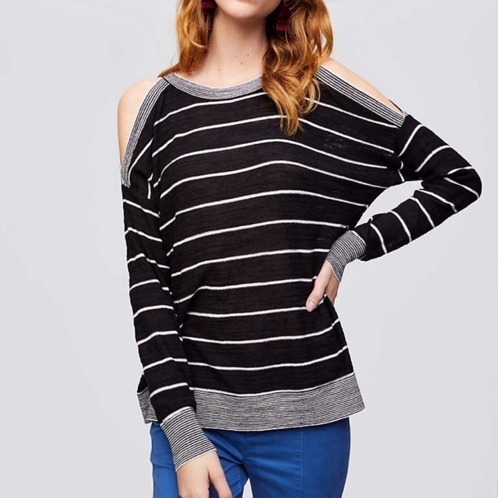 LOFT Black Striped Cold Shoulder Sweater black